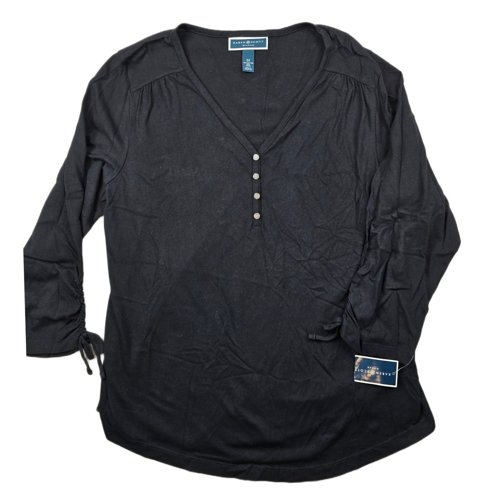 Karen Scott Henley Top Women 0X Plus Black Cotton Modal Sinched Sleeve NEW